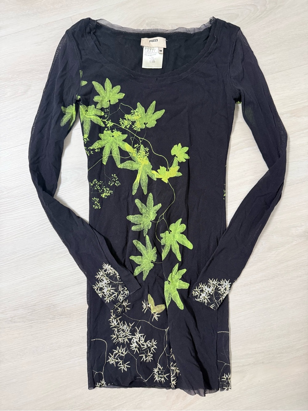 Fuzzi Navy Long Sleeve Mesh Top with Lime Green Leaf Print